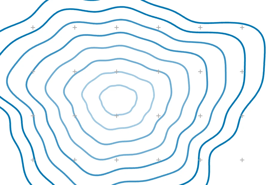Linhas de profundidade sobrepostas, em tons de azul sobre branco