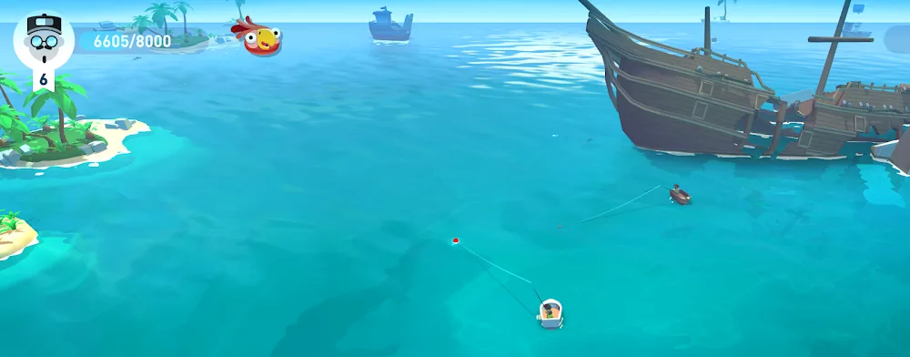 Barco a navegar em água azul junto a destroços em Creatures of the Deep
