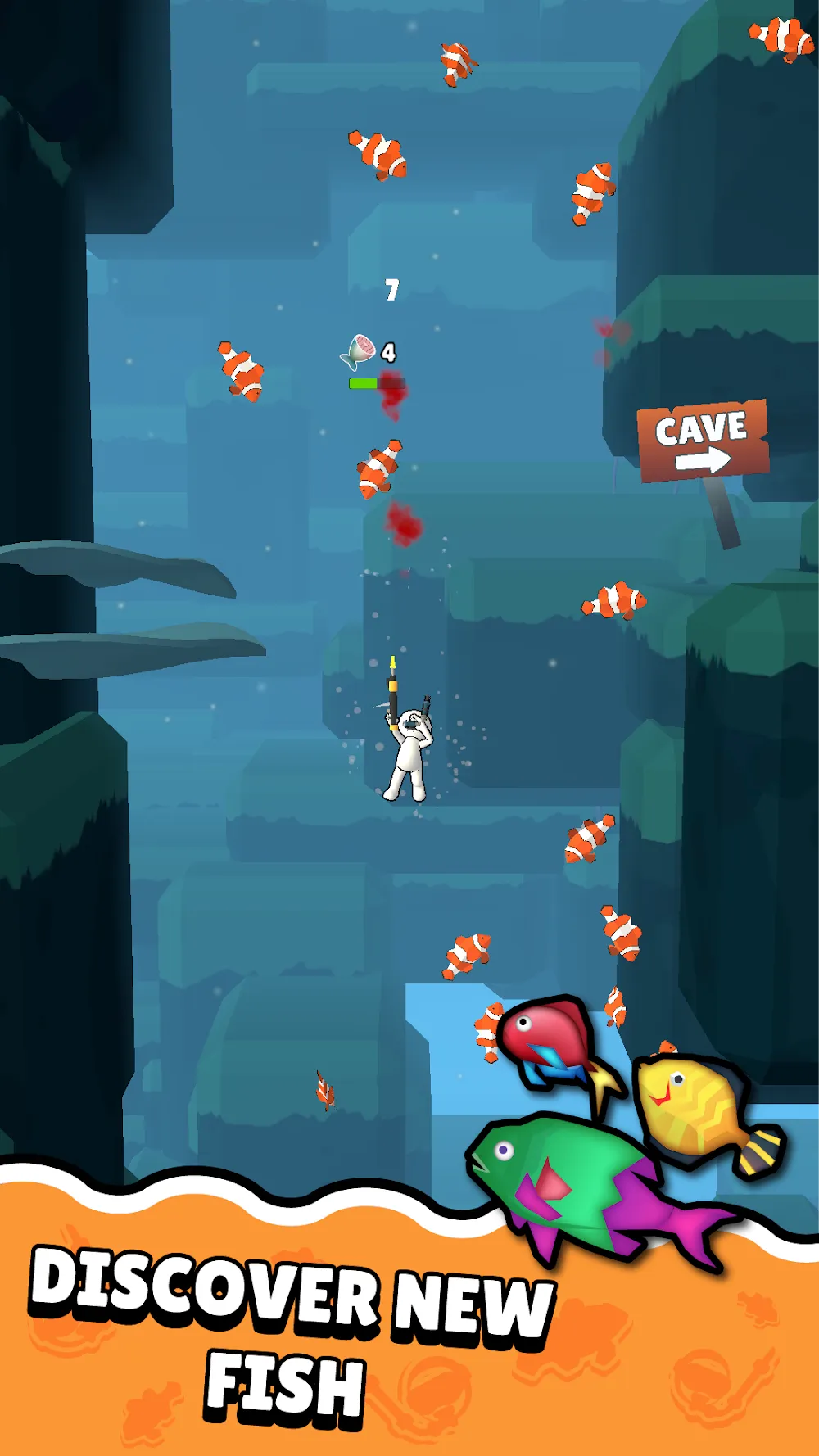 Mergulhador a descer por uma gruta submarina em pixel art no jogo Dive and Fish