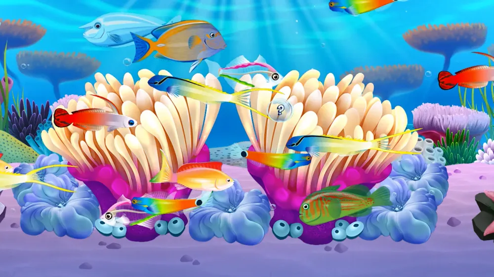 Tanque de recife com peixes tropicais no jogo Fish Paradise