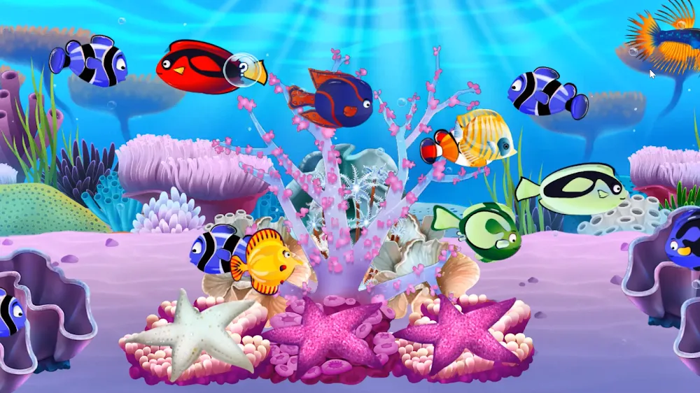Aquário de recife com peixes coloridos e corais no jogo Fish Paradise