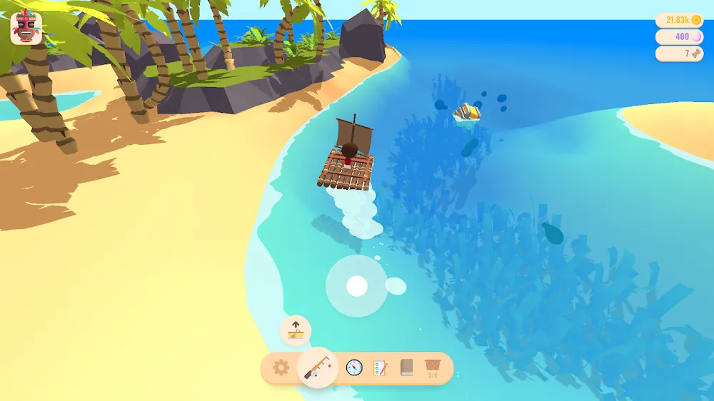 Jangada junto a uma praia de areia clara no jogo Tides